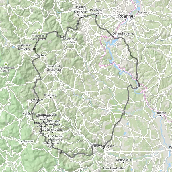 Miniature de la carte de l'inspiration cycliste "Route des Montagnes du Forez" dans la Rhône-Alpes, France. Générée par le planificateur d'itinéraire cycliste Tarmacs.app