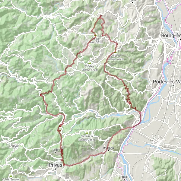 Karten-Miniaturansicht der Radinspiration "Abenteuerliche Rundstrecke von Privas auf Schotterwegen" in Rhône-Alpes, France. Erstellt vom Tarmacs.app-Routenplaner für Radtouren