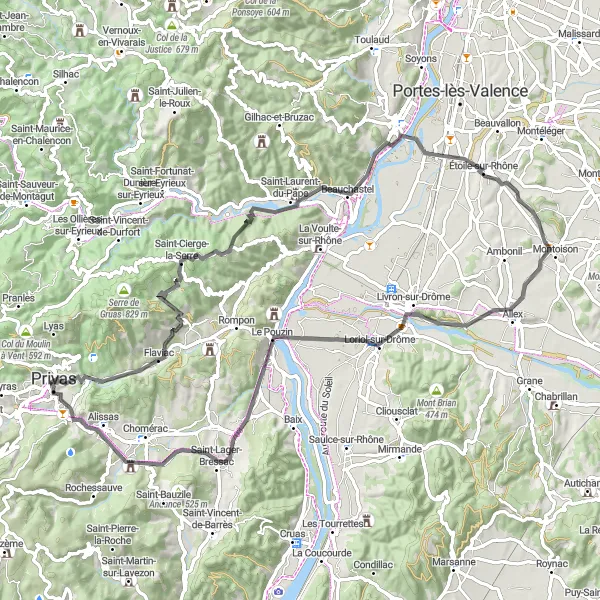 Zemljevid v pomanjšavi "Privas - Saint-Julien-en-Saint-Alban - Alissas" kolesarske inspiracije v Rhône-Alpes, France. Generirano z načrtovalcem kolesarskih poti Tarmacs.app