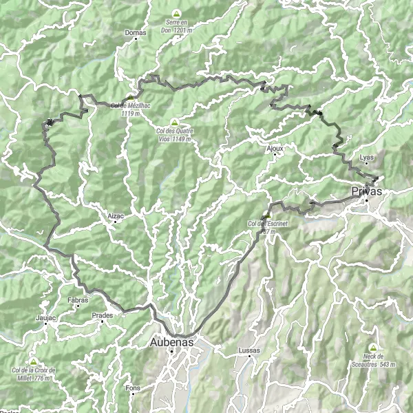 Miniature de la carte de l'inspiration cycliste "Le Tour de la Montagne Ardéchoise" dans la Rhône-Alpes, France. Générée par le planificateur d'itinéraire cycliste Tarmacs.app