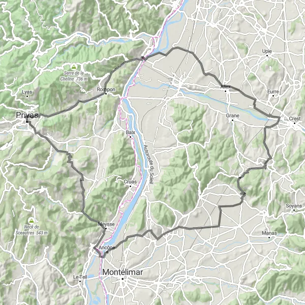 Miniature de la carte de l'inspiration cycliste "Parcours des Vallées Ardéchoises" dans la Rhône-Alpes, France. Générée par le planificateur d'itinéraire cycliste Tarmacs.app