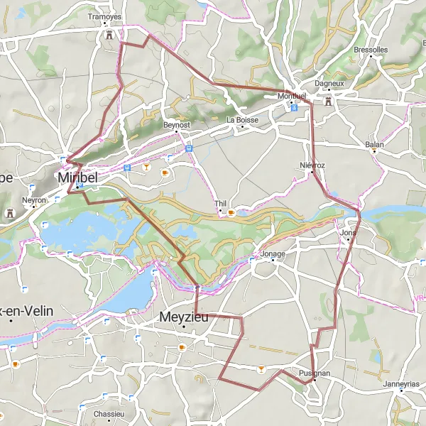 Zemljevid v pomanjšavi "Pot iz Pusignana skozi Meyzieu do Montluela" kolesarske inspiracije v Rhône-Alpes, France. Generirano z načrtovalcem kolesarskih poti Tarmacs.app