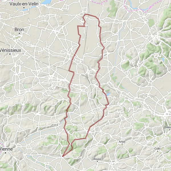 Mapa miniatúra "Gravelová jazda od Pusignanu" cyklistická inšpirácia v Rhône-Alpes, France. Vygenerované cyklistickým plánovačom trás Tarmacs.app