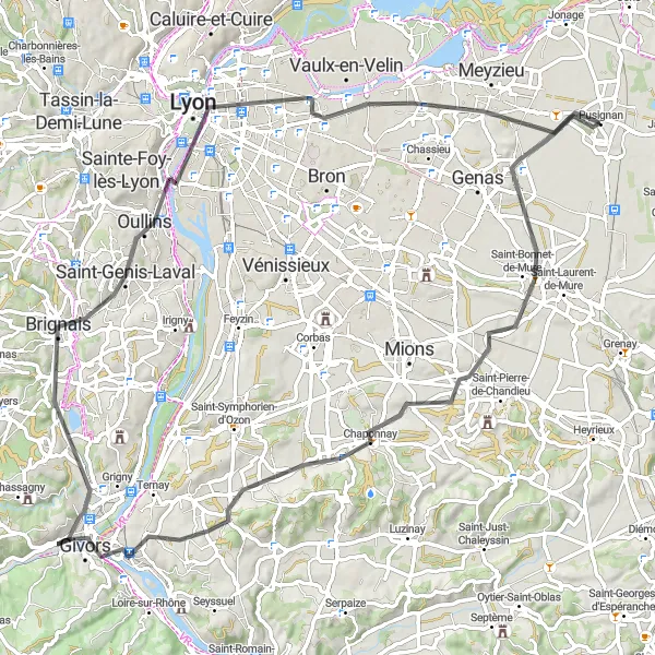 Mapa miniatúra "Cyklistický výlet od Pusignanu do Lyonu" cyklistická inšpirácia v Rhône-Alpes, France. Vygenerované cyklistickým plánovačom trás Tarmacs.app