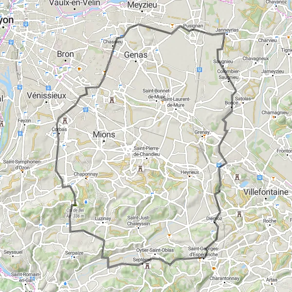 Mapa miniatúra "Výlet na bicykli cez Rhône-Alpes" cyklistická inšpirácia v Rhône-Alpes, France. Vygenerované cyklistickým plánovačom trás Tarmacs.app