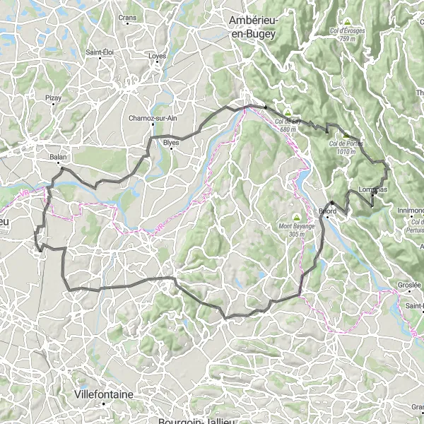 Miniaturekort af cykelinspirationen "Udfordrende landevejscykelrute i Rhône-Alpes" i Rhône-Alpes, France. Genereret af Tarmacs.app cykelruteplanlægger