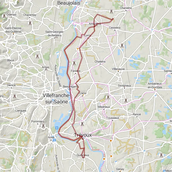 Miniature de la carte de l'inspiration cycliste "Aventure gravel autour de Quincieux" dans la Rhône-Alpes, France. Générée par le planificateur d'itinéraire cycliste Tarmacs.app