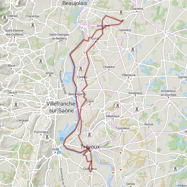 Map miniature of "Riottier Gravel Adventure" cycling inspiration in Rhône-Alpes, France. Generated by Tarmacs.app cycling route planner