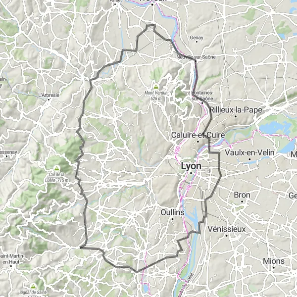 Miniature de la carte de l'inspiration cycliste "Tour autour de Quincieux et des Monts du Lyonnais" dans la Rhône-Alpes, France. Générée par le planificateur d'itinéraire cycliste Tarmacs.app