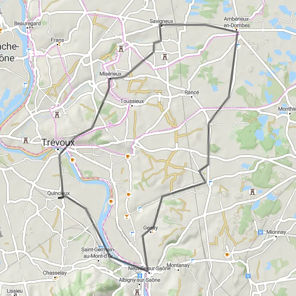 Map miniature of "Scenic Road Cycling in Quincieux" cycling inspiration in Rhône-Alpes, France. Generated by Tarmacs.app cycling route planner