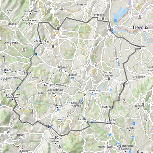 Zemljevid v pomanjšavi "Pot okoli Quincieux (Cestno kolo)" kolesarske inspiracije v Rhône-Alpes, France. Generirano z načrtovalcem kolesarskih poti Tarmacs.app