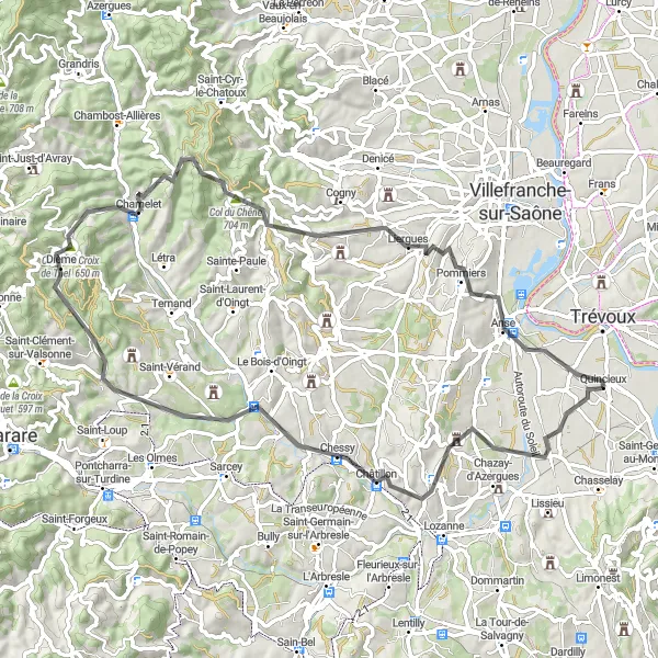 Miniaturní mapa "Road to the Hills" inspirace pro cyklisty v oblasti Rhône-Alpes, France. Vytvořeno pomocí plánovače tras Tarmacs.app