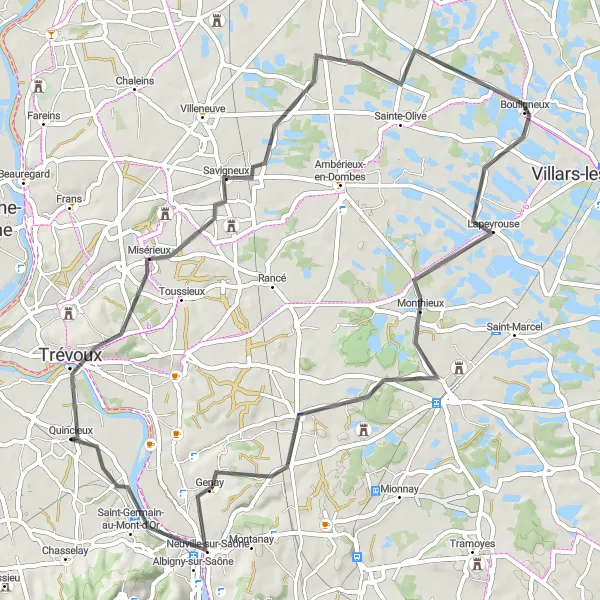 Mapa miniatúra "Cyklotúra okolo Quincieux" cyklistická inšpirácia v Rhône-Alpes, France. Vygenerované cyklistickým plánovačom trás Tarmacs.app