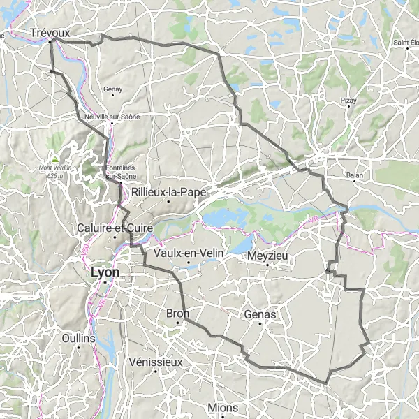 Miniatura della mappa di ispirazione al ciclismo "Avventura ciclistica tra Bron e Albigny-sur-Saône" nella regione di Rhône-Alpes, France. Generata da Tarmacs.app, pianificatore di rotte ciclistiche