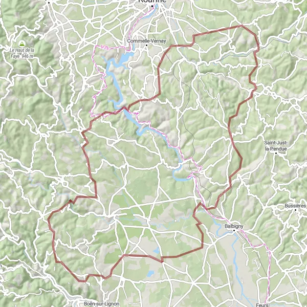 Zemljevid v pomanjšavi "Régny - Saint-Cyr-de-Favières Gravel Adventure" kolesarske inspiracije v Rhône-Alpes, France. Generirano z načrtovalcem kolesarskih poti Tarmacs.app