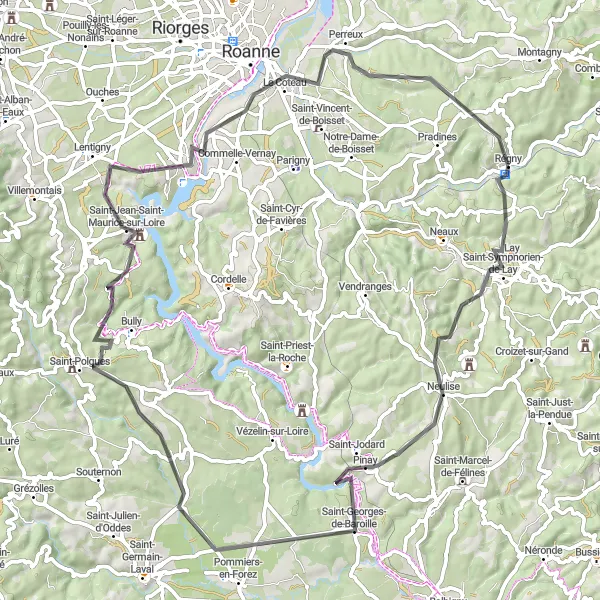 Zemljevid v pomanjšavi "Krožna kolesarska pot okoli Régnyja" kolesarske inspiracije v Rhône-Alpes, France. Generirano z načrtovalcem kolesarskih poti Tarmacs.app