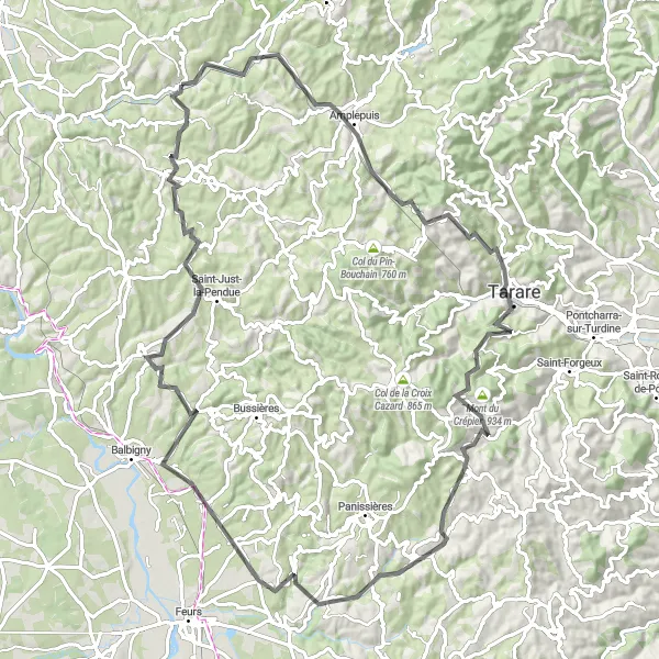 Kartminiatyr av "Régny till Mont du Crépier Cykeltur" cykelinspiration i Rhône-Alpes, France. Genererad av Tarmacs.app cykelruttplanerare
