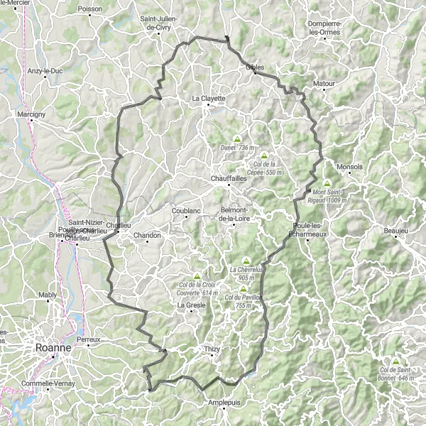 Miniaturní mapa "Výzva v Brionnais" inspirace pro cyklisty v oblasti Rhône-Alpes, France. Vytvořeno pomocí plánovače tras Tarmacs.app