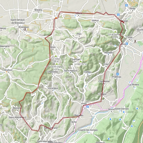 Miniaturní mapa "Gravel Route through Tullins and Beaucroissant" inspirace pro cyklisty v oblasti Rhône-Alpes, France. Vytvořeno pomocí plánovače tras Tarmacs.app