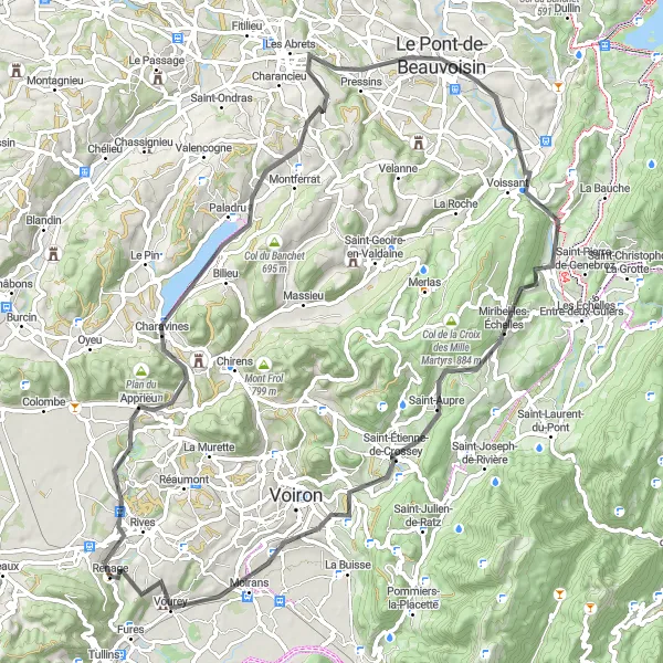 Map miniature of "Renage - Apprieu - Mont Follet - Pont-de-Beauvoisin - Tourniquet de Pierre-Chave - Vourey Loop" cycling inspiration in Rhône-Alpes, France. Generated by Tarmacs.app cycling route planner
