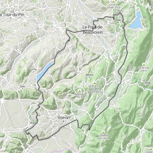 Miniature de la carte de l'inspiration cycliste "La Grande Boucle des Montagnes de Renage" dans la Rhône-Alpes, France. Générée par le planificateur d'itinéraire cycliste Tarmacs.app