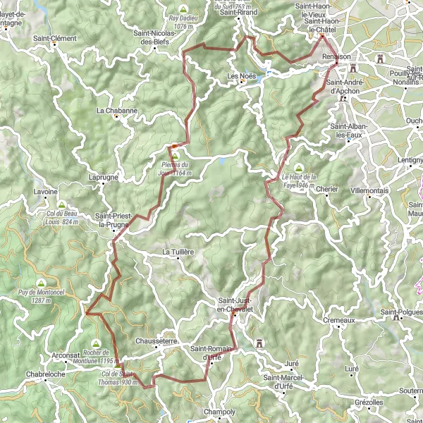 Miniatura della mappa di ispirazione al ciclismo "Esperienza gravel intorno a Renaison" nella regione di Rhône-Alpes, France. Generata da Tarmacs.app, pianificatore di rotte ciclistiche