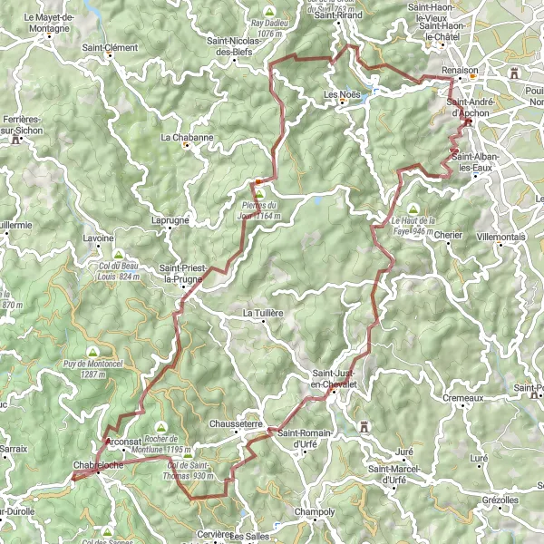Kartminiatyr av "Grusväg till Pierres du Jour" cykelinspiration i Rhône-Alpes, France. Genererad av Tarmacs.app cykelruttplanerare