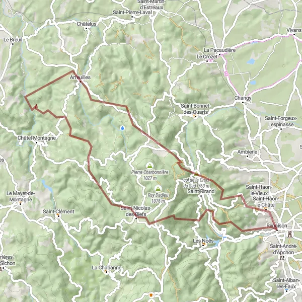 Map miniature of "Gravel Ride to Arfeuilles" cycling inspiration in Rhône-Alpes, France. Generated by Tarmacs.app cycling route planner
