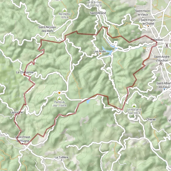 Kartminiatyr av "Grusväg till Puy Fanchet" cykelinspiration i Rhône-Alpes, France. Genererad av Tarmacs.app cykelruttplanerare