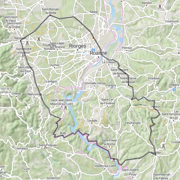 Miniatura della mappa di ispirazione al ciclismo "Il giro panoramico attraverso Roanne e Saint-André-d'Apchon" nella regione di Rhône-Alpes, France. Generata da Tarmacs.app, pianificatore di rotte ciclistiche