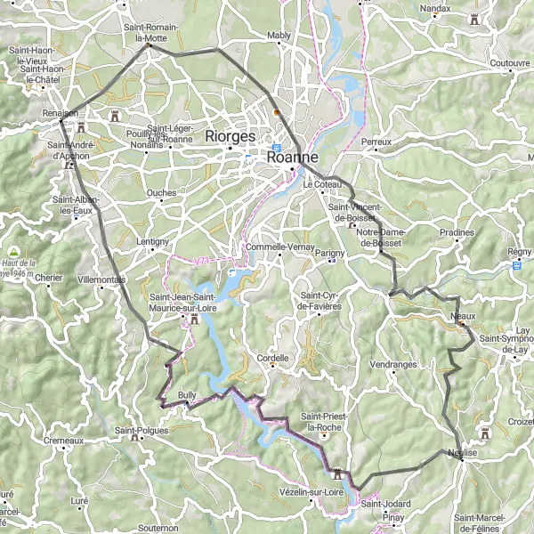 Miniatuurkaart van de fietsinspiratie "Wegroute vanuit Renaison" in Rhône-Alpes, France. Gemaakt door de Tarmacs.app fietsrouteplanner