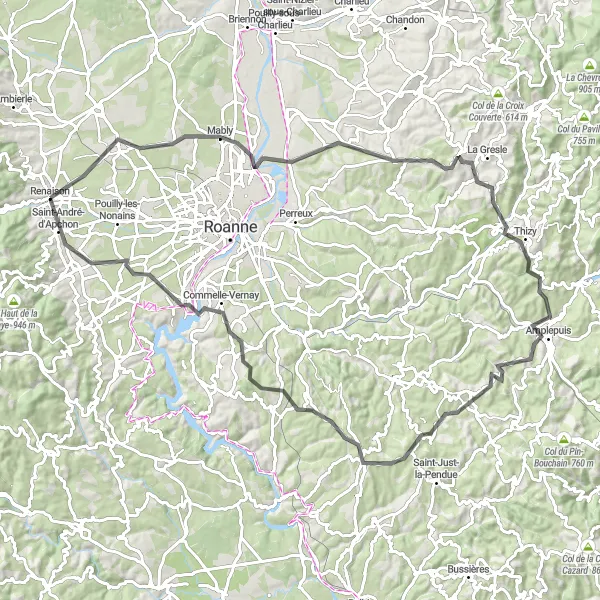 Miniatura della mappa di ispirazione al ciclismo "Giro in bici sulle strade di Renaison" nella regione di Rhône-Alpes, France. Generata da Tarmacs.app, pianificatore di rotte ciclistiche