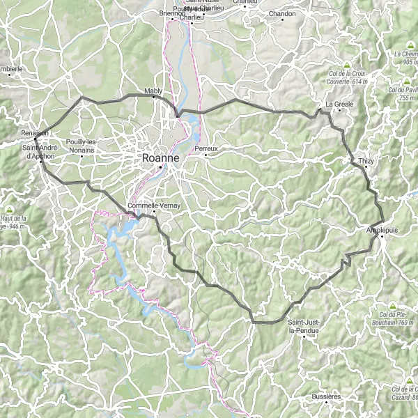 Kartminiatyr av "Utforsk Rhône-Alpes: Renaison Landeveissykkelrunde" sykkelinspirasjon i Rhône-Alpes, France. Generert av Tarmacs.app sykkelrutoplanlegger