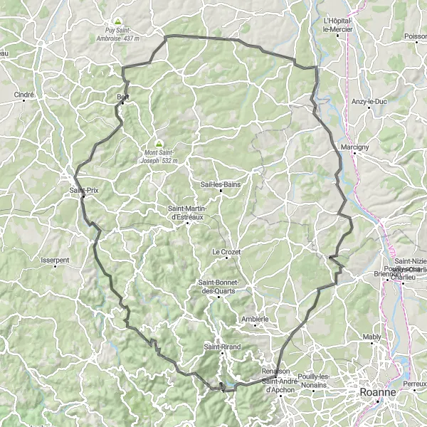 Map miniature of "Road Ride to Lapalisse" cycling inspiration in Rhône-Alpes, France. Generated by Tarmacs.app cycling route planner