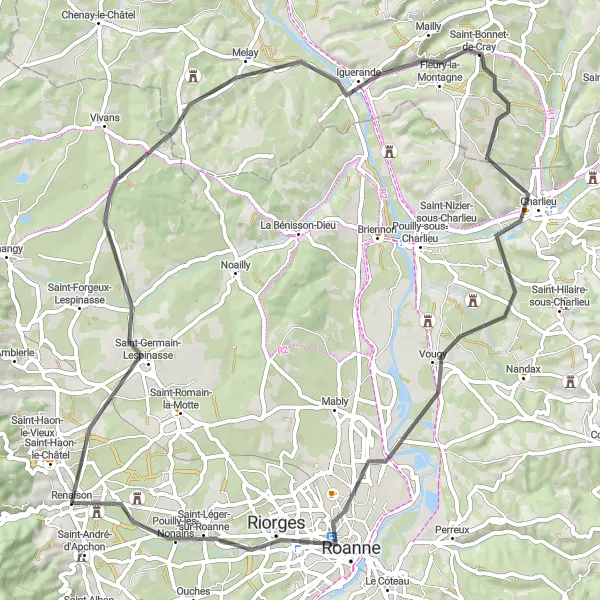 Map miniature of "Roaming the Roads of Renaison" cycling inspiration in Rhône-Alpes, France. Generated by Tarmacs.app cycling route planner
