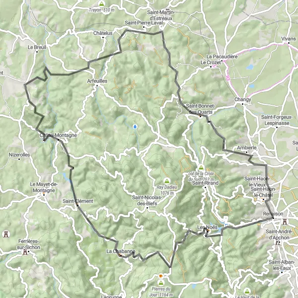 Mapa miniatúra "Scenic Road Cycling to Ambierle" cyklistická inšpirácia v Rhône-Alpes, France. Vygenerované cyklistickým plánovačom trás Tarmacs.app