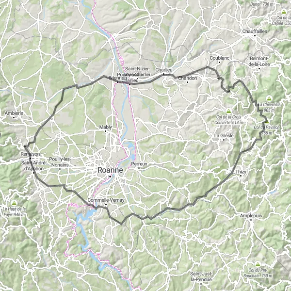 Miniature de la carte de l'inspiration cycliste "Boucle sur Route depuis Renaison" dans la Rhône-Alpes, France. Générée par le planificateur d'itinéraire cycliste Tarmacs.app