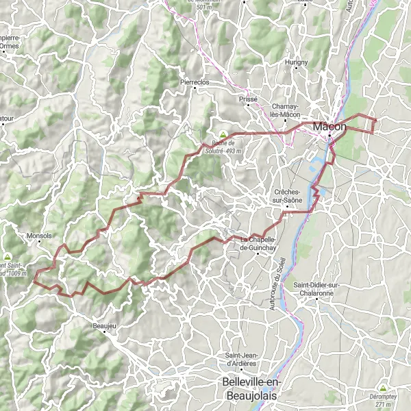 Miniatua del mapa de inspiración ciclista "Ruta de grava a través de majestuosas colinas y valles" en Rhône-Alpes, France. Generado por Tarmacs.app planificador de rutas ciclistas
