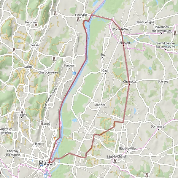 Zemljevid v pomanjšavi "Peščena kolesarska pot preko Mâcon, Asnières-sur-Saône, Gorrevod, Onjard in Ternant" kolesarske inspiracije v Rhône-Alpes, France. Generirano z načrtovalcem kolesarskih poti Tarmacs.app