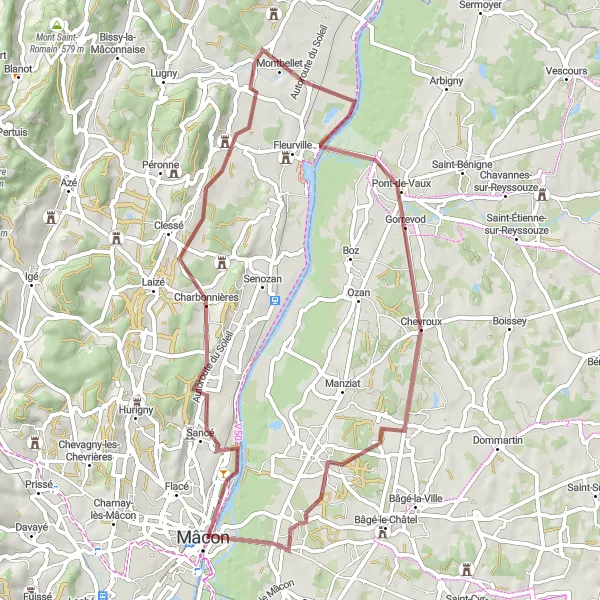 Miniatua del mapa de inspiración ciclista "Ruta de Grava por Saint-Laurent-sur-Saône y Ternant" en Rhône-Alpes, France. Generado por Tarmacs.app planificador de rutas ciclistas