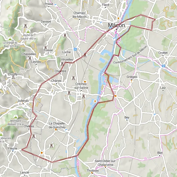 Map miniature of "Cormoranche-sur-Saône Gravel Adventure" cycling inspiration in Rhône-Alpes, France. Generated by Tarmacs.app cycling route planner