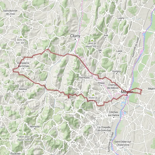 Miniaturní mapa "Trasa Mâcon - Mont de Pouilly - Signal de la Mère Boitier - Tramayes - Trivy - Col du Bois Clair - La Roche-Vineuse - La Croix Colin" inspirace pro cyklisty v oblasti Rhône-Alpes, France. Vytvořeno pomocí plánovače tras Tarmacs.app