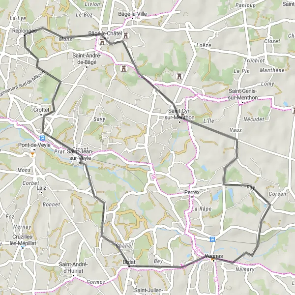 Karttaminiaatyyri "Bâgé-le-Châtel Loop" pyöräilyinspiraatiosta alueella Rhône-Alpes, France. Luotu Tarmacs.app pyöräilyreittisuunnittelijalla