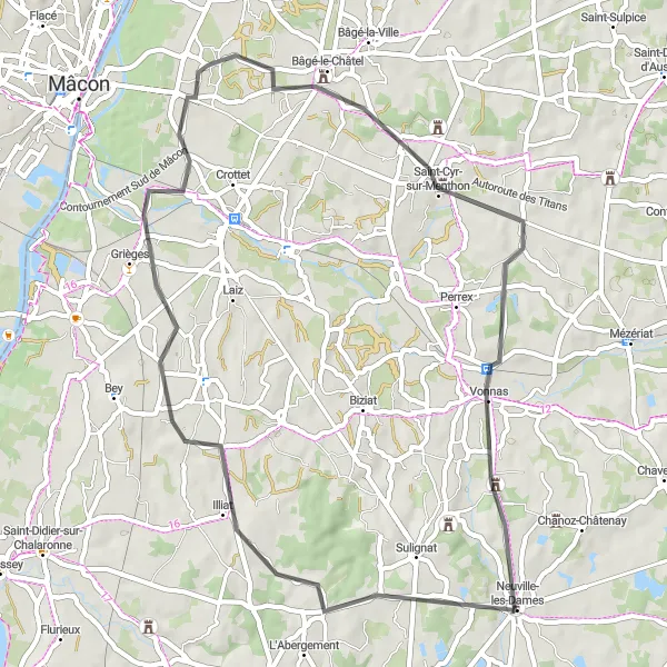 Miniatua del mapa de inspiración ciclista "Ruta de ciclismo en carretera cercana a Replonges" en Rhône-Alpes, France. Generado por Tarmacs.app planificador de rutas ciclistas