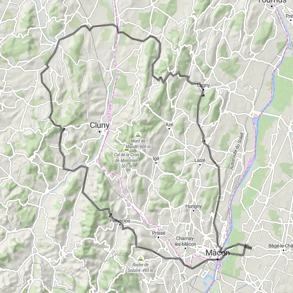 Miniature de la carte de l'inspiration cycliste "Défi montagnard dans le Mâconnais" dans la Rhône-Alpes, France. Générée par le planificateur d'itinéraire cycliste Tarmacs.app