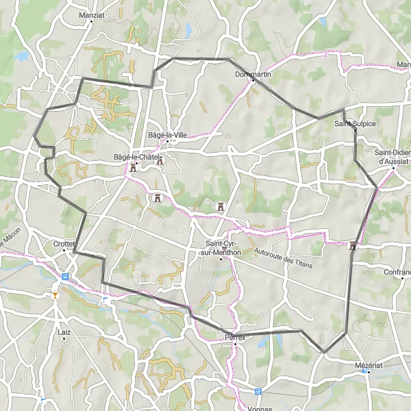 Miniatua del mapa de inspiración ciclista "Ruta de ciclismo en carretera cerca de Replonges" en Rhône-Alpes, France. Generado por Tarmacs.app planificador de rutas ciclistas