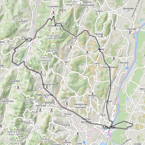 Miniatuurkaart van de fietsinspiratie "Fietsen door Mâcon en Cluny" in Rhône-Alpes, France. Gemaakt door de Tarmacs.app fietsrouteplanner