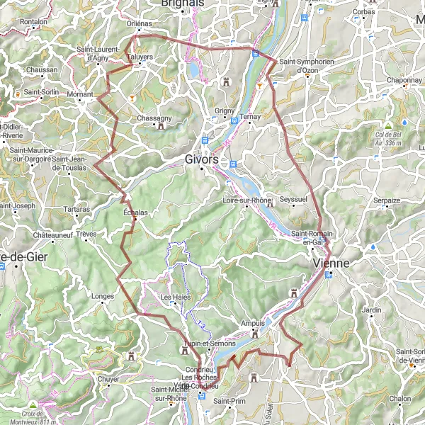 Mapa miniatúra "Gravelová dobrodružná trasa" cyklistická inšpirácia v Rhône-Alpes, France. Vygenerované cyklistickým plánovačom trás Tarmacs.app