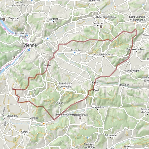 Miniature de la carte de l'inspiration cycliste "Les Côtes-d'Arey Loop" dans la Rhône-Alpes, France. Générée par le planificateur d'itinéraire cycliste Tarmacs.app