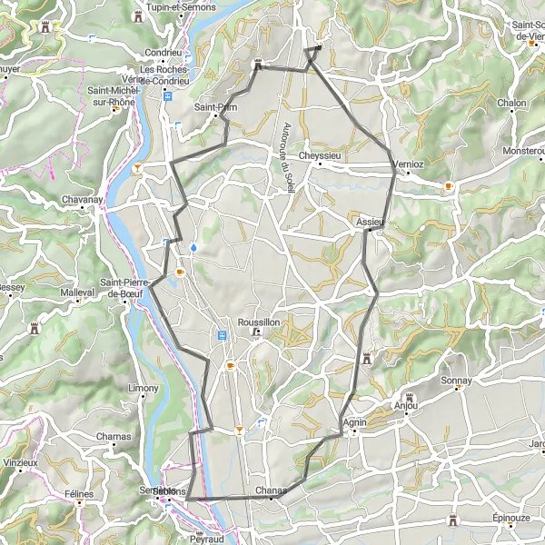 Kartminiatyr av "Rundtur til Saint-Maurice-l'Exil" sykkelinspirasjon i Rhône-Alpes, France. Generert av Tarmacs.app sykkelrutoplanlegger